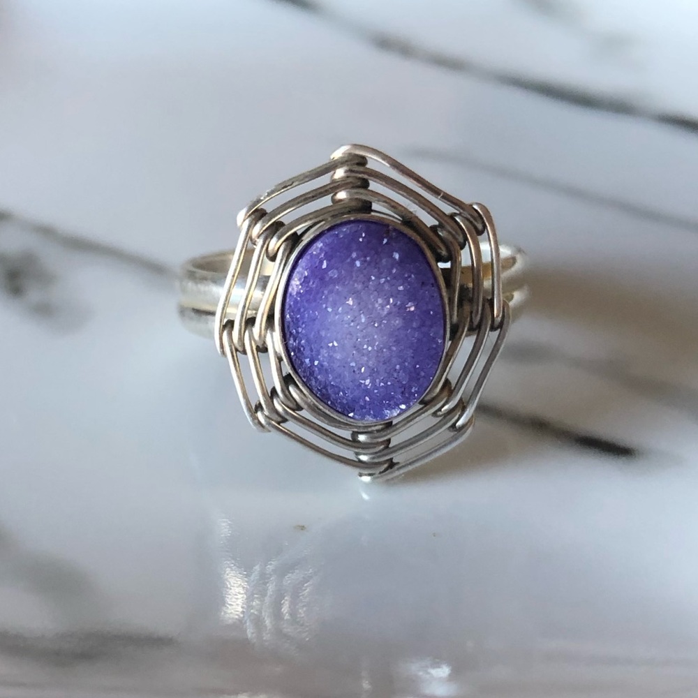 🆕 Ring Purple Agate Druzy Sterling Silver